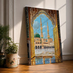 Illustration of Masjid Al Nabawi in Medina viewed through a grand archway, featuring the iconic green dome and elegant minarets rising above the mosque courtyard, rendered with balanced architectural detail and soft lighting that highlights the sacred structure in a refined Islamic architectural composition.