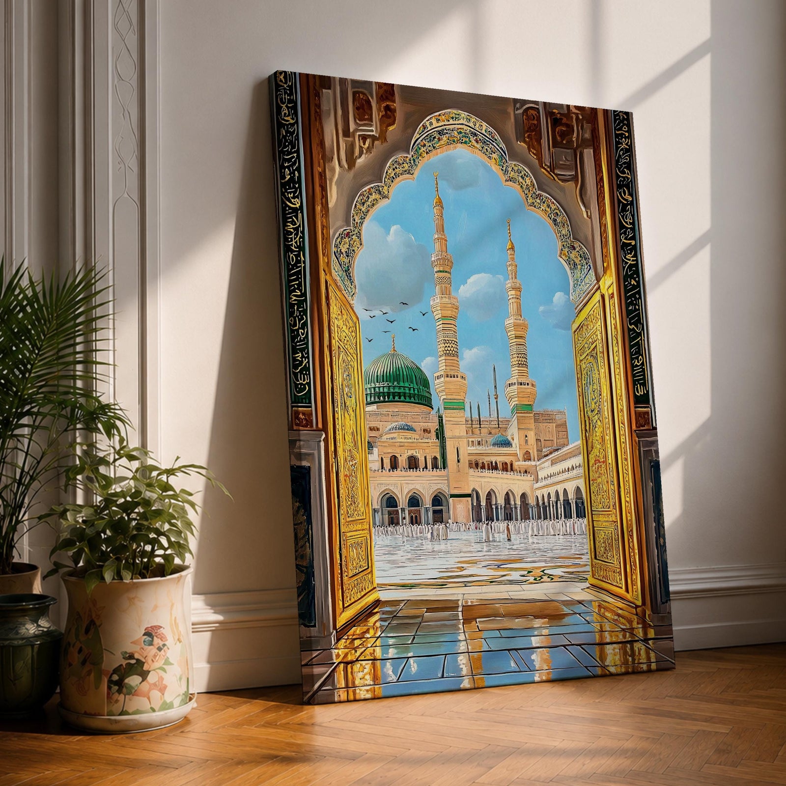 Illustration of Masjid Al Nabawi in Medina viewed through a grand archway, featuring the iconic green dome and elegant minarets rising above the mosque courtyard, rendered with balanced architectural detail and soft lighting that highlights the sacred structure in a refined Islamic architectural composition.