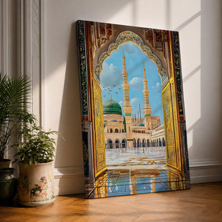 Illustration of Masjid Al Nabawi in Medina viewed through a grand archway, featuring the iconic green dome and elegant minarets rising above the mosque courtyard, rendered with balanced architectural detail and soft lighting that highlights the sacred structure in a refined Islamic architectural composition.