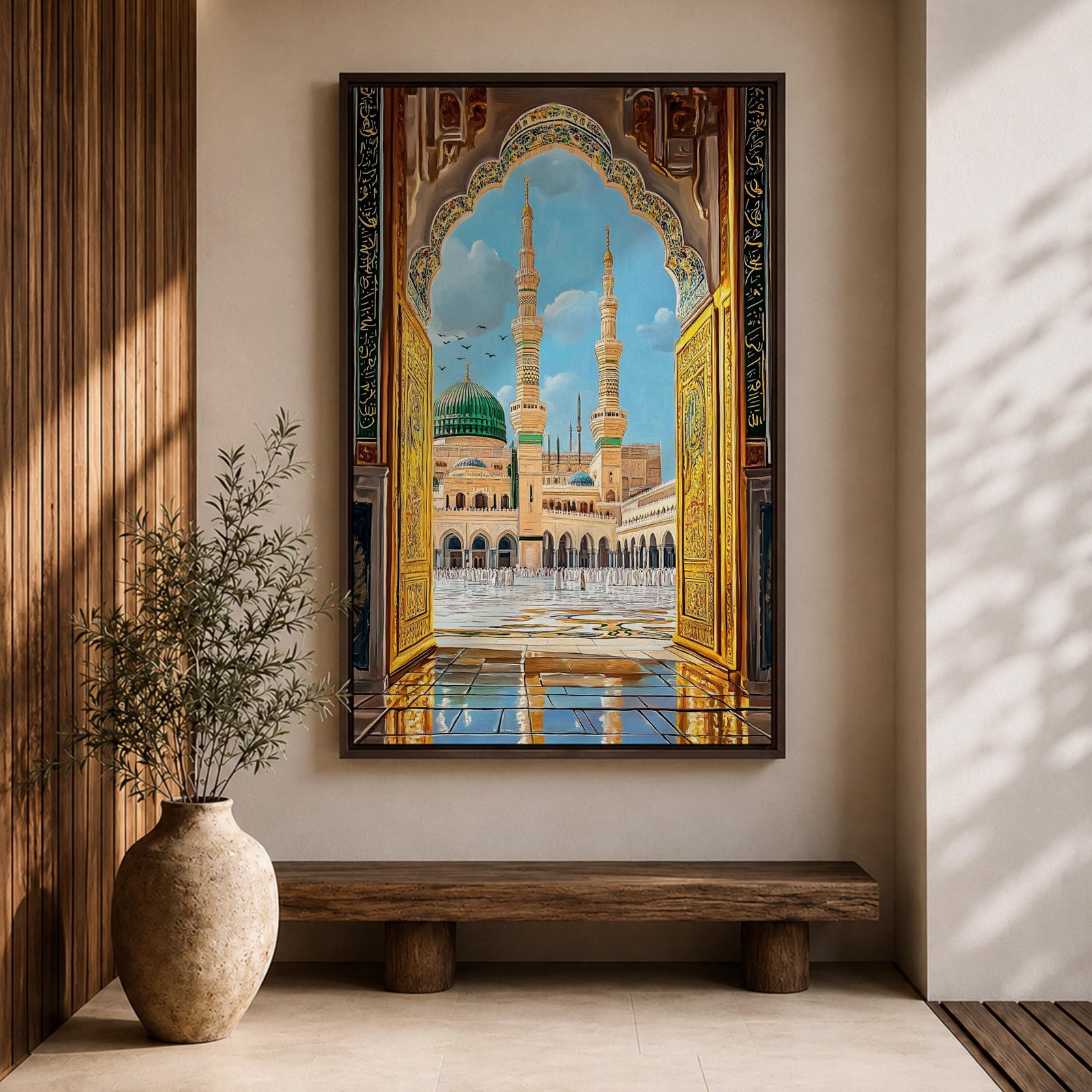 Illustration of Masjid Al Nabawi in Medina viewed through a grand archway, featuring the iconic green dome and elegant minarets rising above the mosque courtyard, rendered with balanced architectural detail and soft lighting that highlights the sacred structure in a refined Islamic architectural composition.