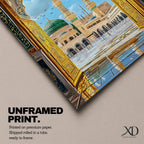Illustration of Masjid Al Nabawi in Medina viewed through a grand archway, featuring the iconic green dome and elegant minarets rising above the mosque courtyard, rendered with balanced architectural detail and soft lighting that highlights the sacred structure in a refined Islamic architectural composition.