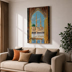 Illustration of Masjid Al Nabawi in Medina viewed through a grand archway, featuring the iconic green dome and elegant minarets rising above the mosque courtyard, rendered with balanced architectural detail and soft lighting that highlights the sacred structure in a refined Islamic architectural composition.