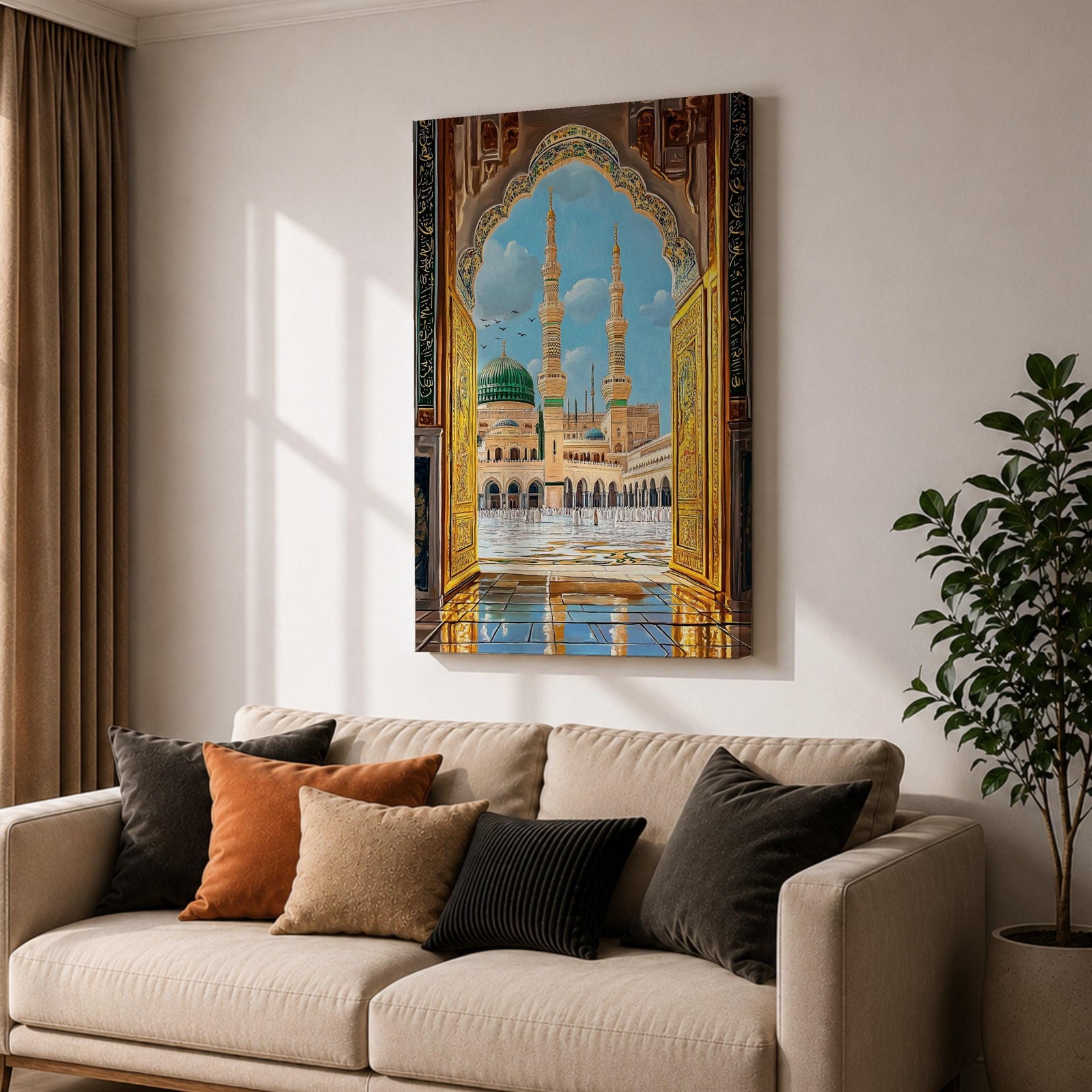 Illustration of Masjid Al Nabawi in Medina viewed through a grand archway, featuring the iconic green dome and elegant minarets rising above the mosque courtyard, rendered with balanced architectural detail and soft lighting that highlights the sacred structure in a refined Islamic architectural composition.