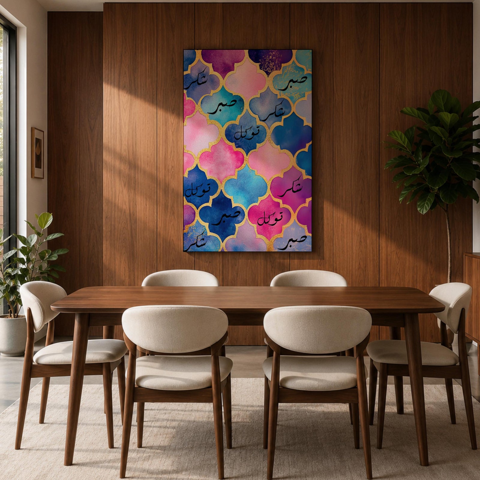 Arabic calligraphy artwork featuring the words Sabr Shukr Tawakkul written in flowing script, arranged within an ornate arabesque composition inspired by Moroccan geometric patterns, rendered with intricate linework and balanced symmetry that highlights the elegance of traditional Islamic calligraphy design.