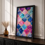 Arabic calligraphy artwork featuring the words Sabr Shukr Tawakkul written in flowing script, arranged within an ornate arabesque composition inspired by Moroccan geometric patterns, rendered with intricate linework and balanced symmetry that highlights the elegance of traditional Islamic calligraphy design.
