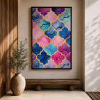 Arabic calligraphy artwork featuring the words Sabr Shukr Tawakkul written in flowing script, arranged within an ornate arabesque composition inspired by Moroccan geometric patterns, rendered with intricate linework and balanced symmetry that highlights the elegance of traditional Islamic calligraphy design.