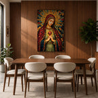 A detailed mosaic-style stained glass artwork depicting the Sacred Heart of Mary, featuring the Virgin Mary with a radiant halo and a heart symbol at her chest, richly adorned with jewel-like textures and vibrant colors, capturing a traditional religious iconography in a mosaic visual style.