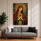 A detailed mosaic-style stained glass artwork depicting the Sacred Heart of Mary, featuring the Virgin Mary with a radiant halo and a heart symbol at her chest, richly adorned with jewel-like textures and vibrant colors, capturing a traditional religious iconography in a mosaic visual style.