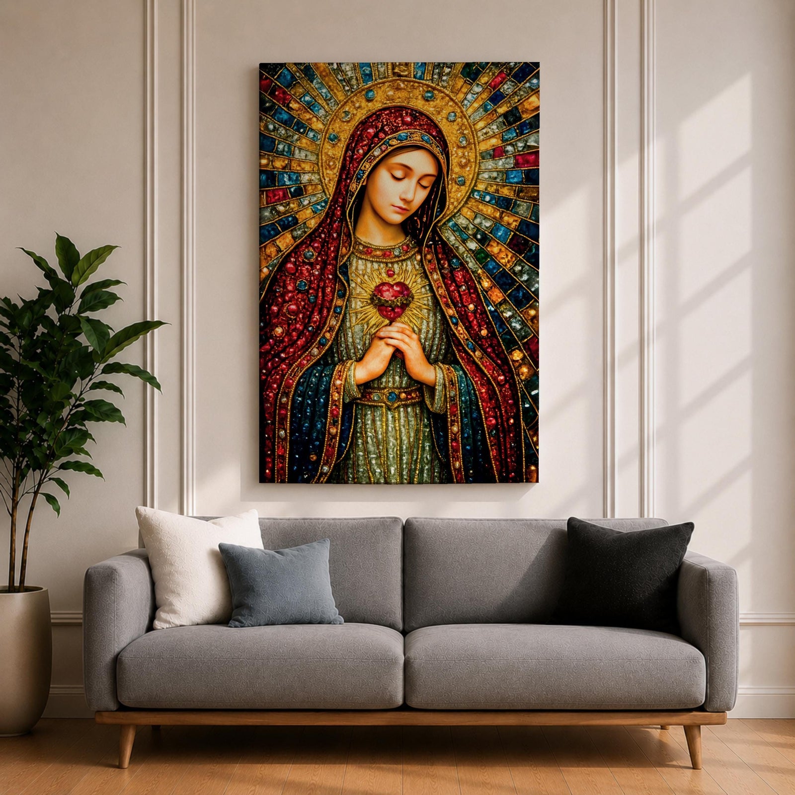 A detailed mosaic-style stained glass artwork depicting the Sacred Heart of Mary, featuring the Virgin Mary with a radiant halo and a heart symbol at her chest, richly adorned with jewel-like textures and vibrant colors, capturing a traditional religious iconography in a mosaic visual style.
