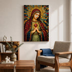 A detailed mosaic-style stained glass artwork depicting the Sacred Heart of Mary, featuring the Virgin Mary with a radiant halo and a heart symbol at her chest, richly adorned with jewel-like textures and vibrant colors, capturing a traditional religious iconography in a mosaic visual style.