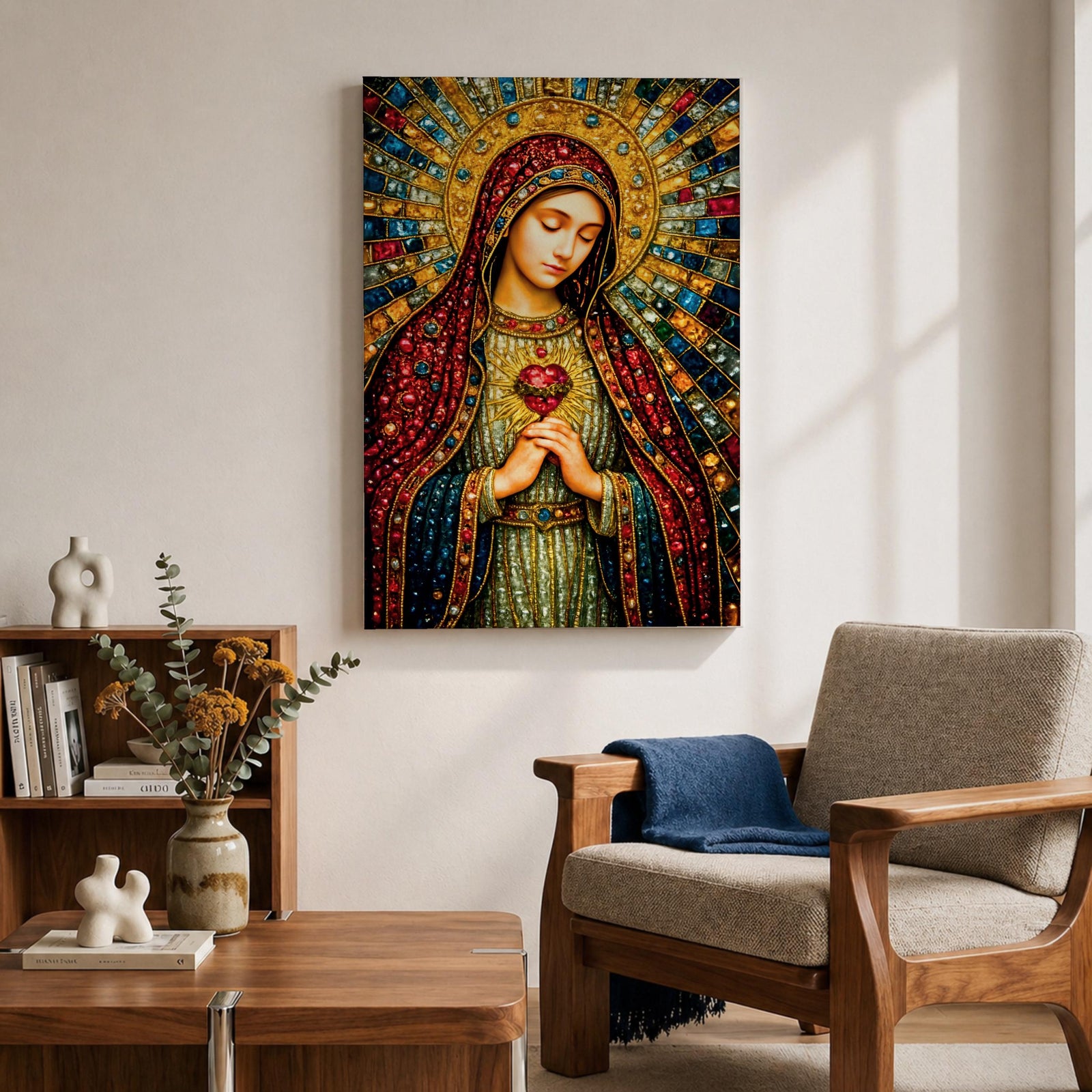 A detailed mosaic-style stained glass artwork depicting the Sacred Heart of Mary, featuring the Virgin Mary with a radiant halo and a heart symbol at her chest, richly adorned with jewel-like textures and vibrant colors, capturing a traditional religious iconography in a mosaic visual style.