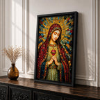 A detailed mosaic-style stained glass artwork depicting the Sacred Heart of Mary, featuring the Virgin Mary with a radiant halo and a heart symbol at her chest, richly adorned with jewel-like textures and vibrant colors, capturing a traditional religious iconography in a mosaic visual style.