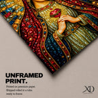 A detailed mosaic-style stained glass artwork depicting the Sacred Heart of Mary, featuring the Virgin Mary with a radiant halo and a heart symbol at her chest, richly adorned with jewel-like textures and vibrant colors, capturing a traditional religious iconography in a mosaic visual style.
