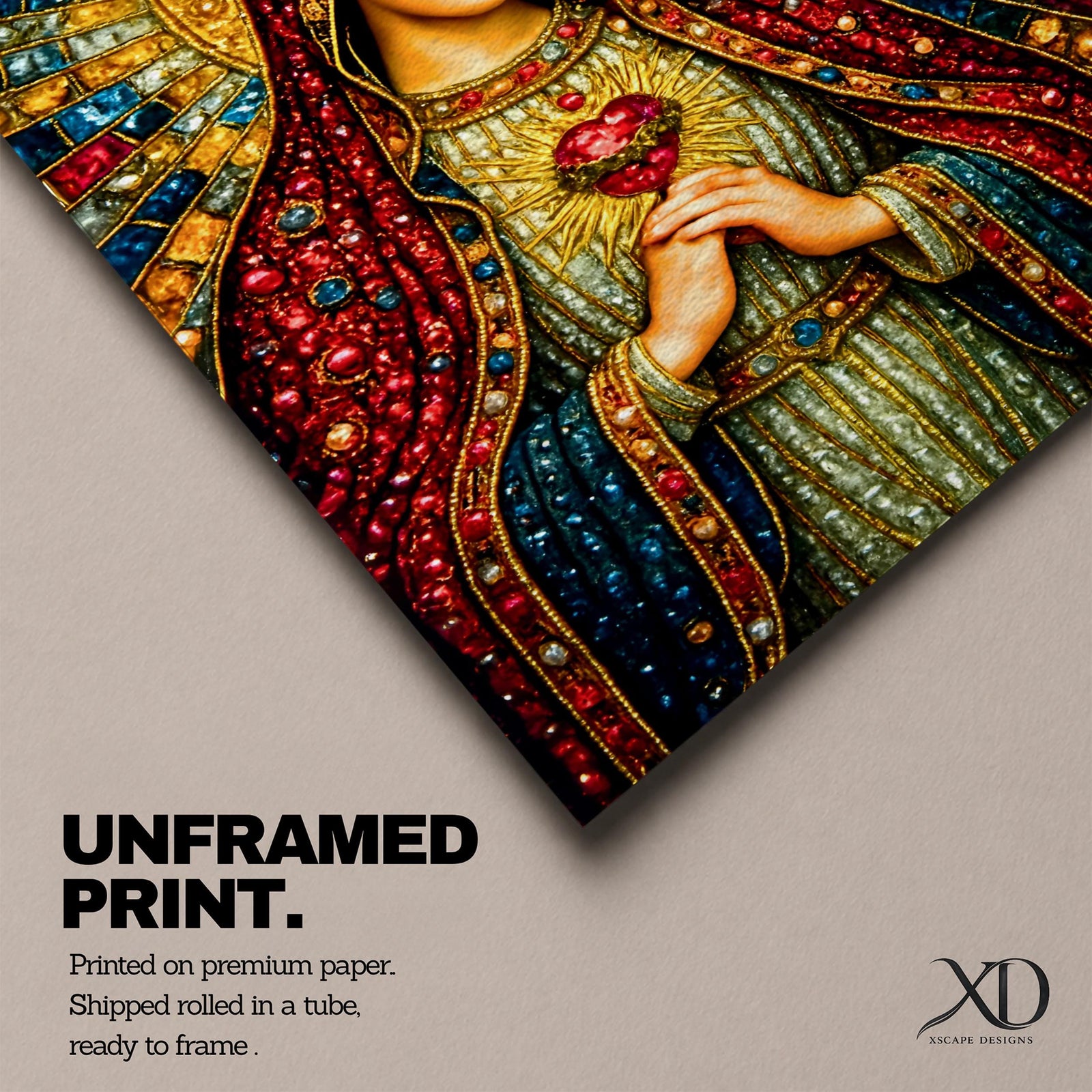 A detailed mosaic-style stained glass artwork depicting the Sacred Heart of Mary, featuring the Virgin Mary with a radiant halo and a heart symbol at her chest, richly adorned with jewel-like textures and vibrant colors, capturing a traditional religious iconography in a mosaic visual style.