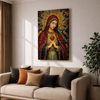 A detailed mosaic-style stained glass artwork depicting the Sacred Heart of Mary, featuring the Virgin Mary with a radiant halo and a heart symbol at her chest, richly adorned with jewel-like textures and vibrant colors, capturing a traditional religious iconography in a mosaic visual style.