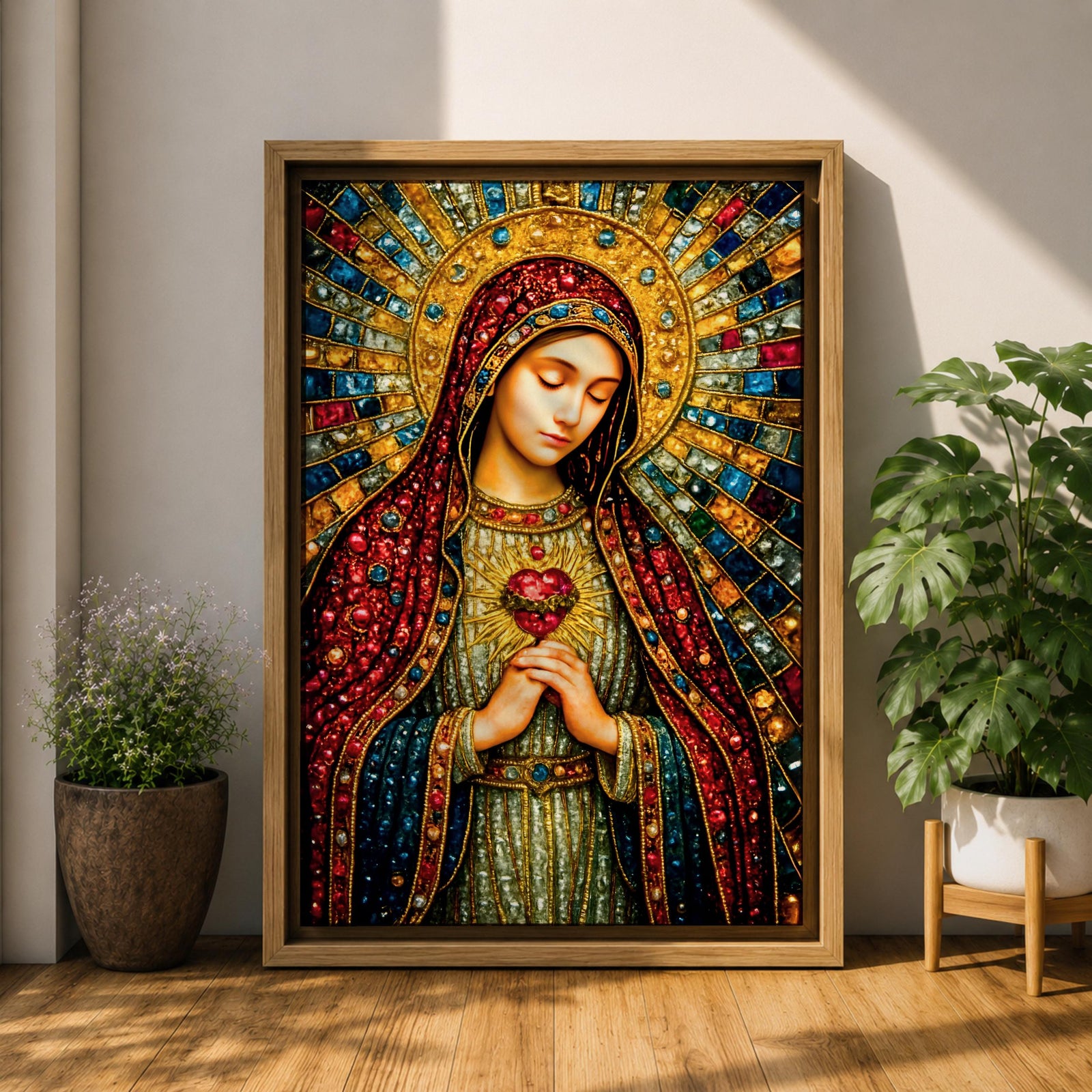 A detailed mosaic-style stained glass artwork depicting the Sacred Heart of Mary, featuring the Virgin Mary with a radiant halo and a heart symbol at her chest, richly adorned with jewel-like textures and vibrant colors, capturing a traditional religious iconography in a mosaic visual style.