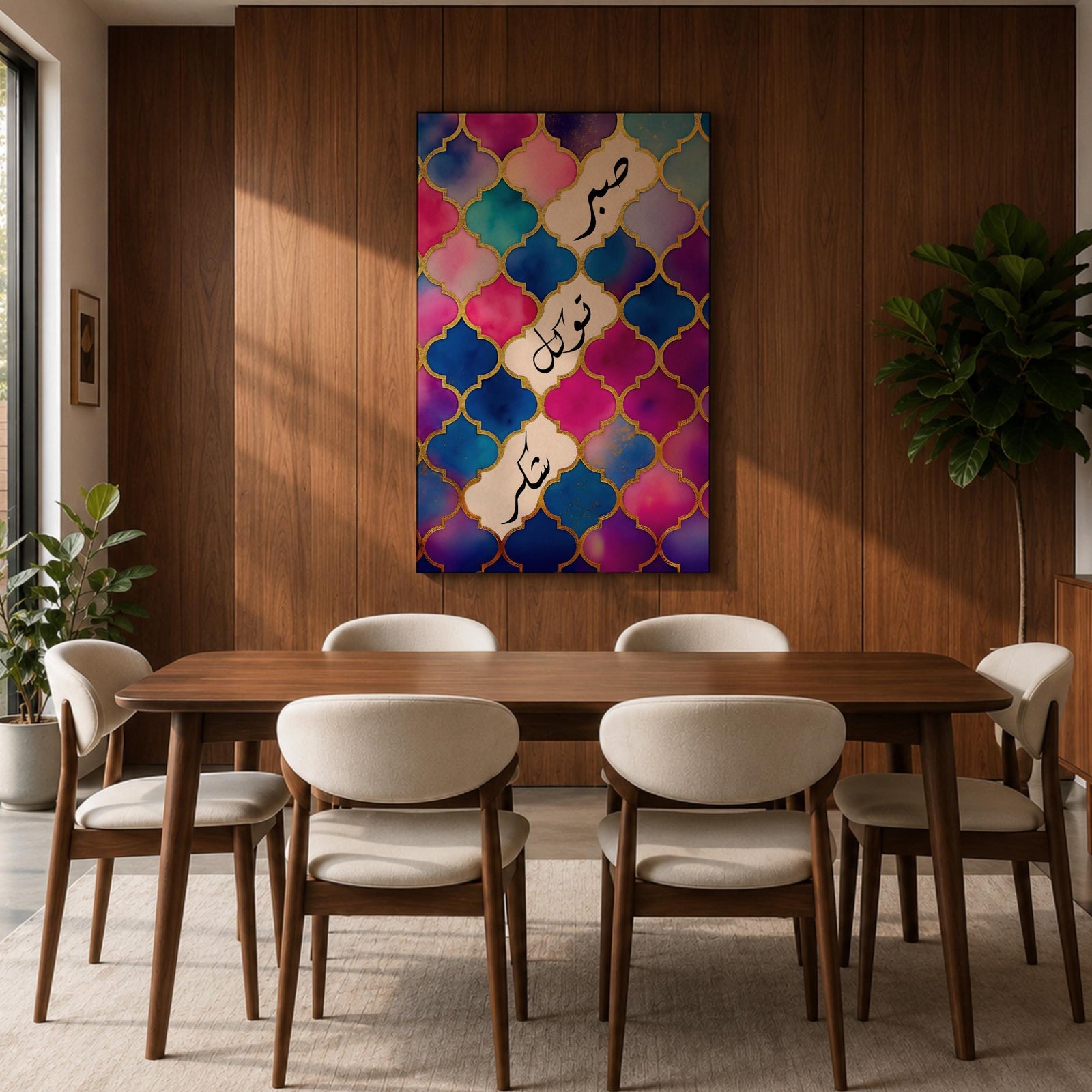 Arabic calligraphy artwork featuring the words Sabr Tawakkul Shukr written in flowing script, arranged in a balanced composition that highlights the meaning of patience trust and gratitude, rendered with elegant linework and decorative Islamic pattern elements inspired by traditional calligraphy design.