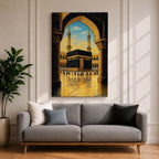 Illustration of the Kaaba at Masjid Al Haram in Mecca viewed through an ornate archway, featuring the sacred black cube at the center of the mosque courtyard surrounded by grand colonnades and minarets, rendered with balanced architectural detail and soft lighting that highlights the iconic Islamic landmark.