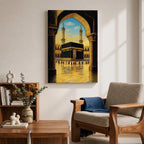 Illustration of the Kaaba at Masjid Al Haram in Mecca viewed through an ornate archway, featuring the sacred black cube at the center of the mosque courtyard surrounded by grand colonnades and minarets, rendered with balanced architectural detail and soft lighting that highlights the iconic Islamic landmark.