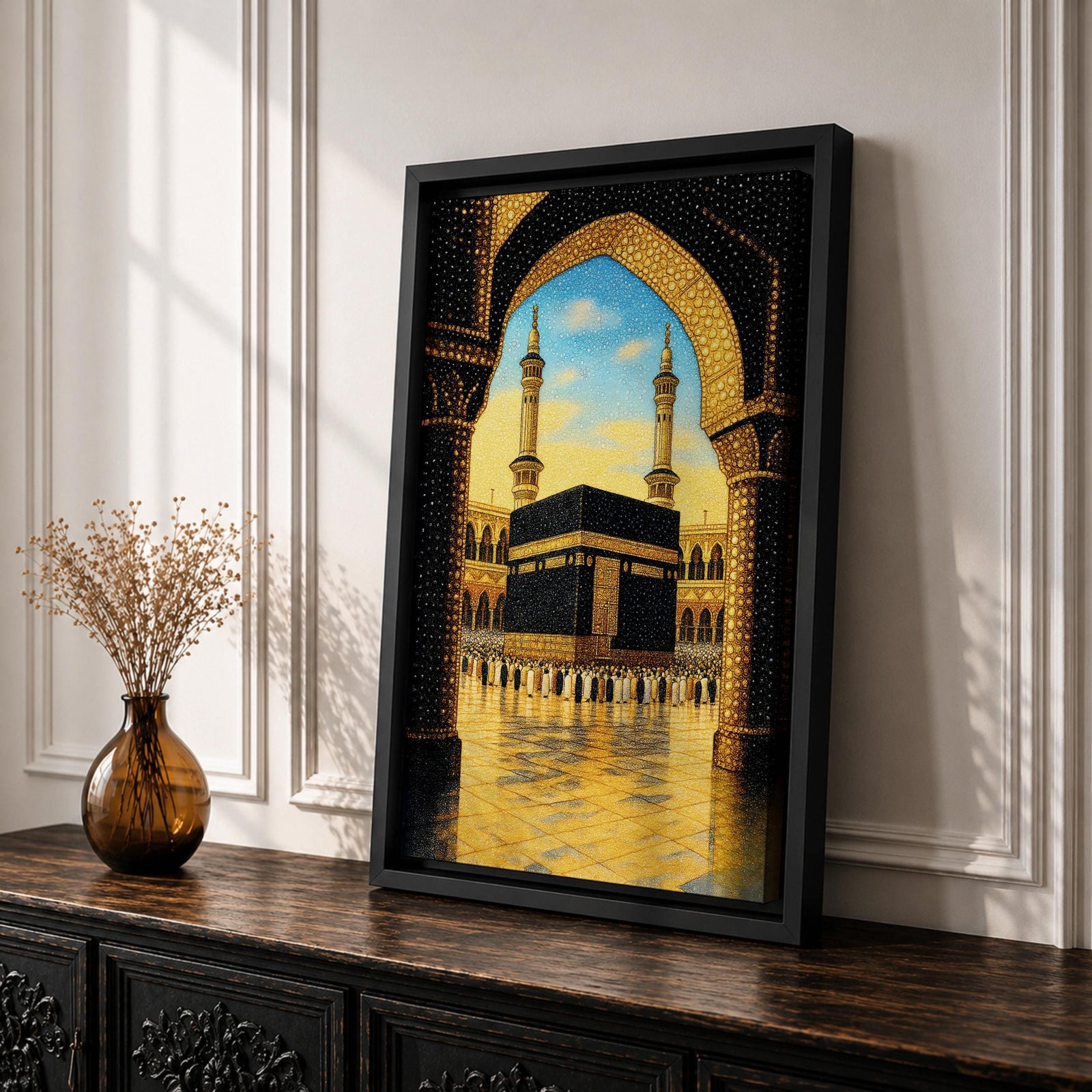 Illustration of the Kaaba at Masjid Al Haram in Mecca viewed through an ornate archway, featuring the sacred black cube at the center of the mosque courtyard surrounded by grand colonnades and minarets, rendered with balanced architectural detail and soft lighting that highlights the iconic Islamic landmark.