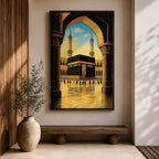 Illustration of the Kaaba at Masjid Al Haram in Mecca viewed through an ornate archway, featuring the sacred black cube at the center of the mosque courtyard surrounded by grand colonnades and minarets, rendered with balanced architectural detail and soft lighting that highlights the iconic Islamic landmark.
