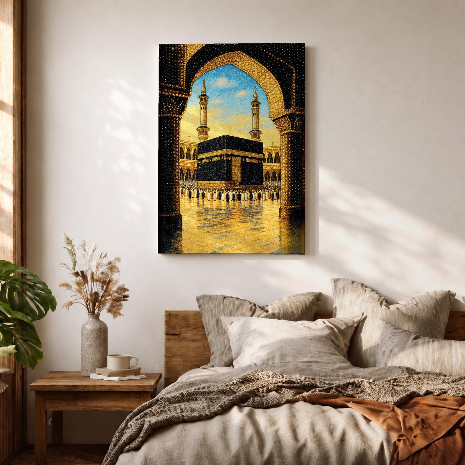 Illustration of the Kaaba at Masjid Al Haram in Mecca viewed through an ornate archway, featuring the sacred black cube at the center of the mosque courtyard surrounded by grand colonnades and minarets, rendered with balanced architectural detail and soft lighting that highlights the iconic Islamic landmark.