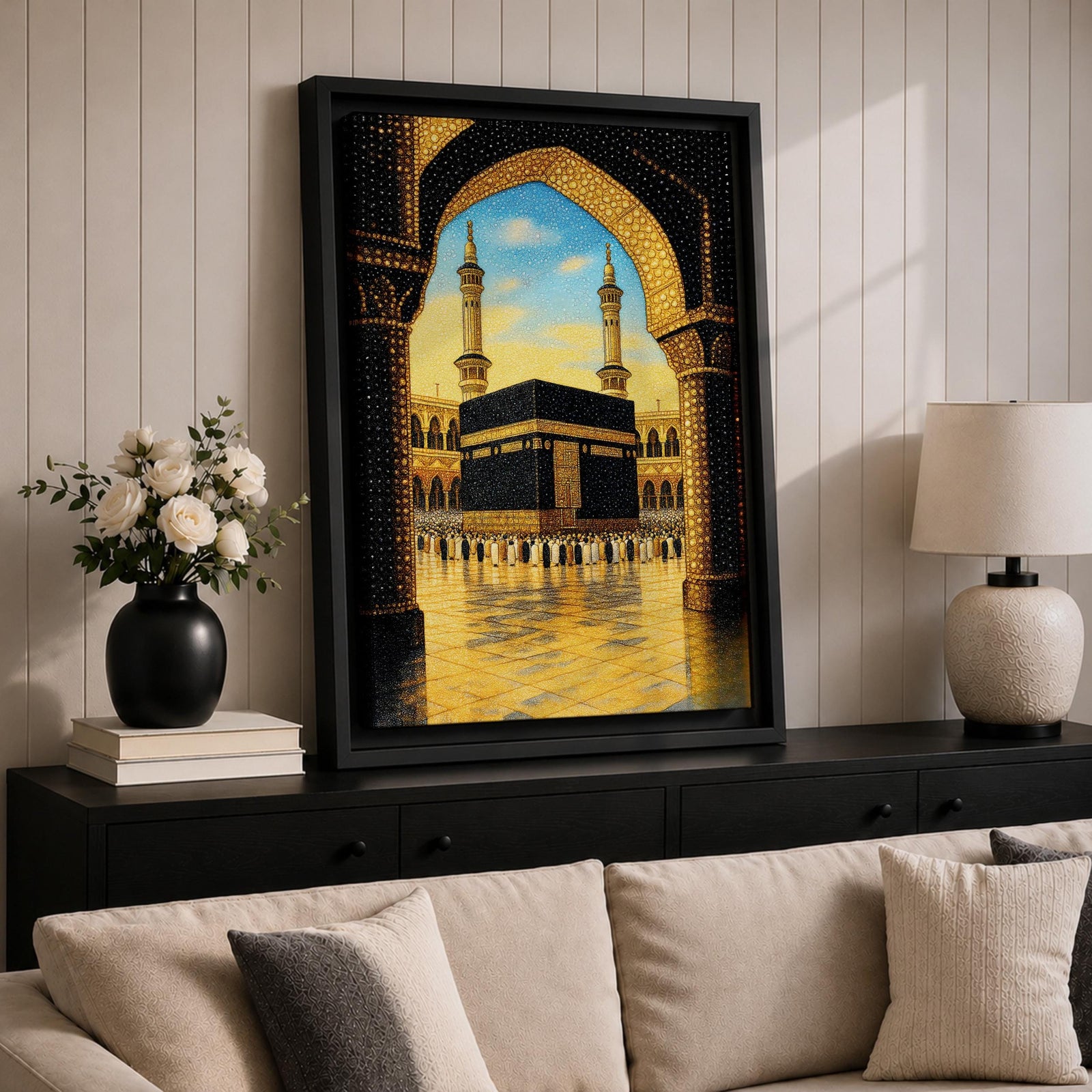 Illustration of the Kaaba at Masjid Al Haram in Mecca viewed through an ornate archway, featuring the sacred black cube at the center of the mosque courtyard surrounded by grand colonnades and minarets, rendered with balanced architectural detail and soft lighting that highlights the iconic Islamic landmark.