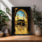 Illustration of the Kaaba at Masjid Al Haram in Mecca viewed through an ornate archway, featuring the sacred black cube at the center of the mosque courtyard surrounded by grand colonnades and minarets, rendered with balanced architectural detail and soft lighting that highlights the iconic Islamic landmark.