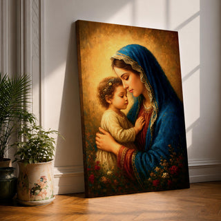 A vintage-style framed canvas painting depicting Madonna and Child, showing the Virgin Mary tenderly holding the young child Jesus close with their foreheads touching, rendered with warm tones and delicate brushwork emphasizing their loving bond.