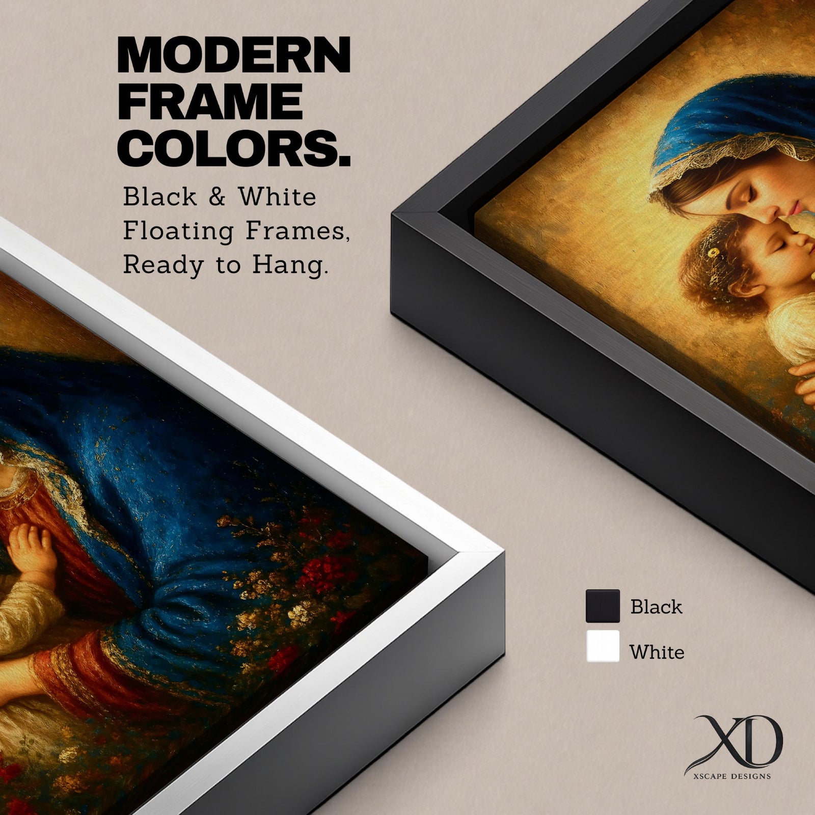 A vintage-style framed canvas painting depicting Madonna and Child, showing the Virgin Mary tenderly holding the young child Jesus close with their foreheads touching, rendered with warm tones and delicate brushwork emphasizing their loving bond.