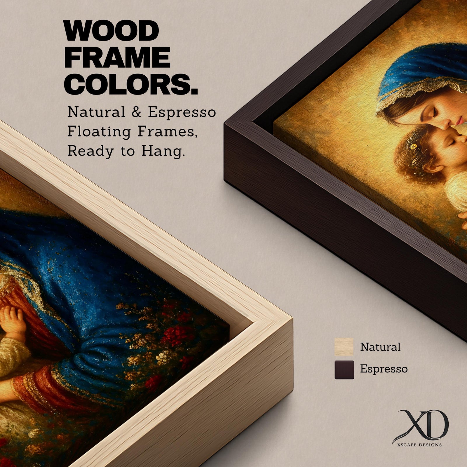 A vintage-style framed canvas painting depicting Madonna and Child, showing the Virgin Mary tenderly holding the young child Jesus close with their foreheads touching, rendered with warm tones and delicate brushwork emphasizing their loving bond.