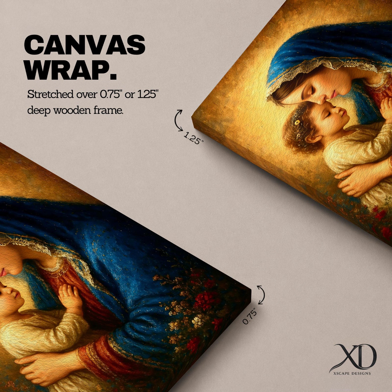 A vintage-style framed canvas painting depicting Madonna and Child, showing the Virgin Mary tenderly holding the young child Jesus close with their foreheads touching, rendered with warm tones and delicate brushwork emphasizing their loving bond.