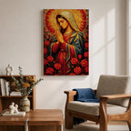 Mosaic style painting of the Blessed Virgin Mary with hands together in prayer, depicted in a stained glass inspired composition with a radiant circular halo made of small colored tiles behind her head while she wears flowing robes and stands among blooming roses, forming a devotional Madonna portrait with rich geometric texture and intricate mosaic detailing.