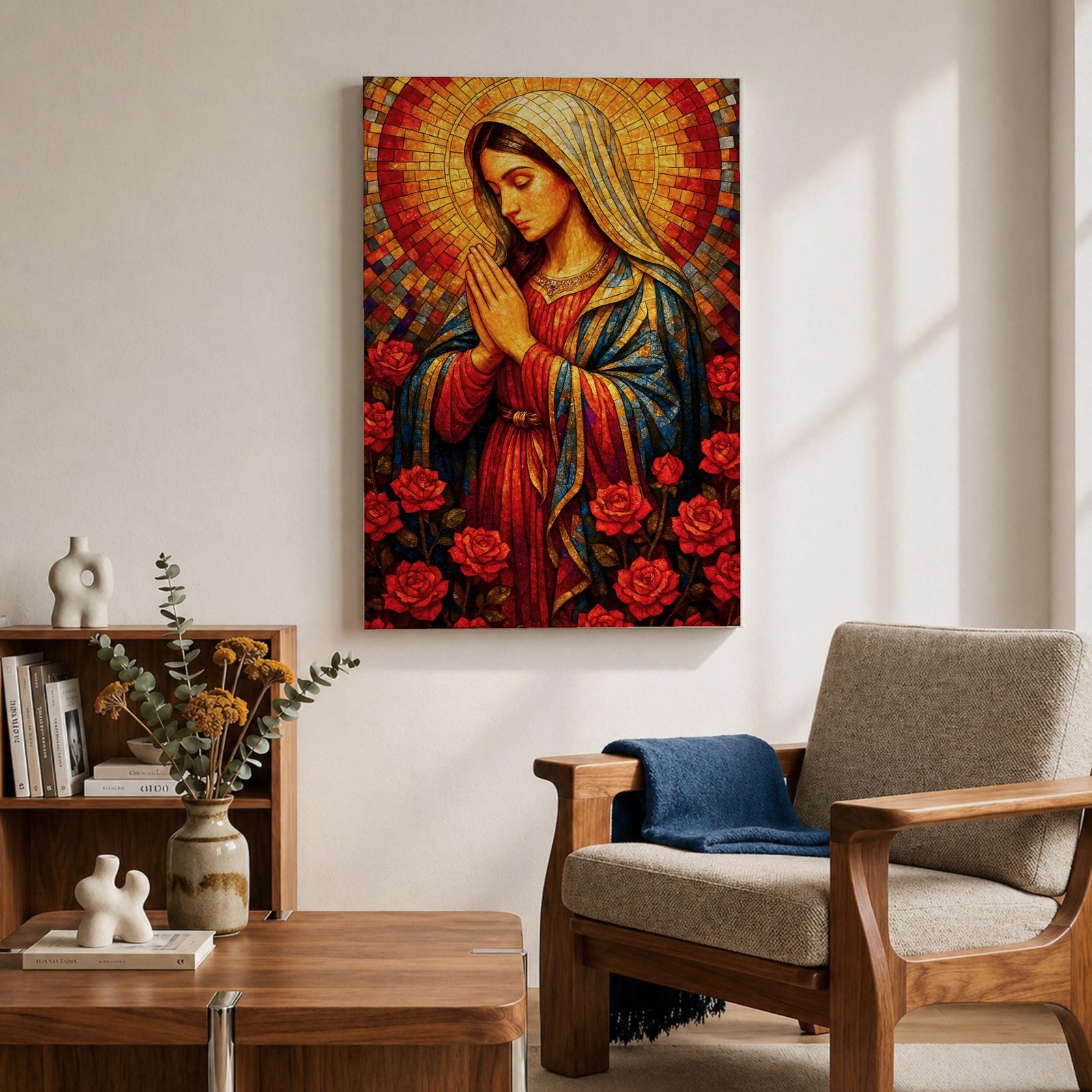 Mosaic style painting of the Blessed Virgin Mary with hands together in prayer, depicted in a stained glass inspired composition with a radiant circular halo made of small colored tiles behind her head while she wears flowing robes and stands among blooming roses, forming a devotional Madonna portrait with rich geometric texture and intricate mosaic detailing.
