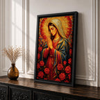 Mosaic style painting of the Blessed Virgin Mary with hands together in prayer, depicted in a stained glass inspired composition with a radiant circular halo made of small colored tiles behind her head while she wears flowing robes and stands among blooming roses, forming a devotional Madonna portrait with rich geometric texture and intricate mosaic detailing.