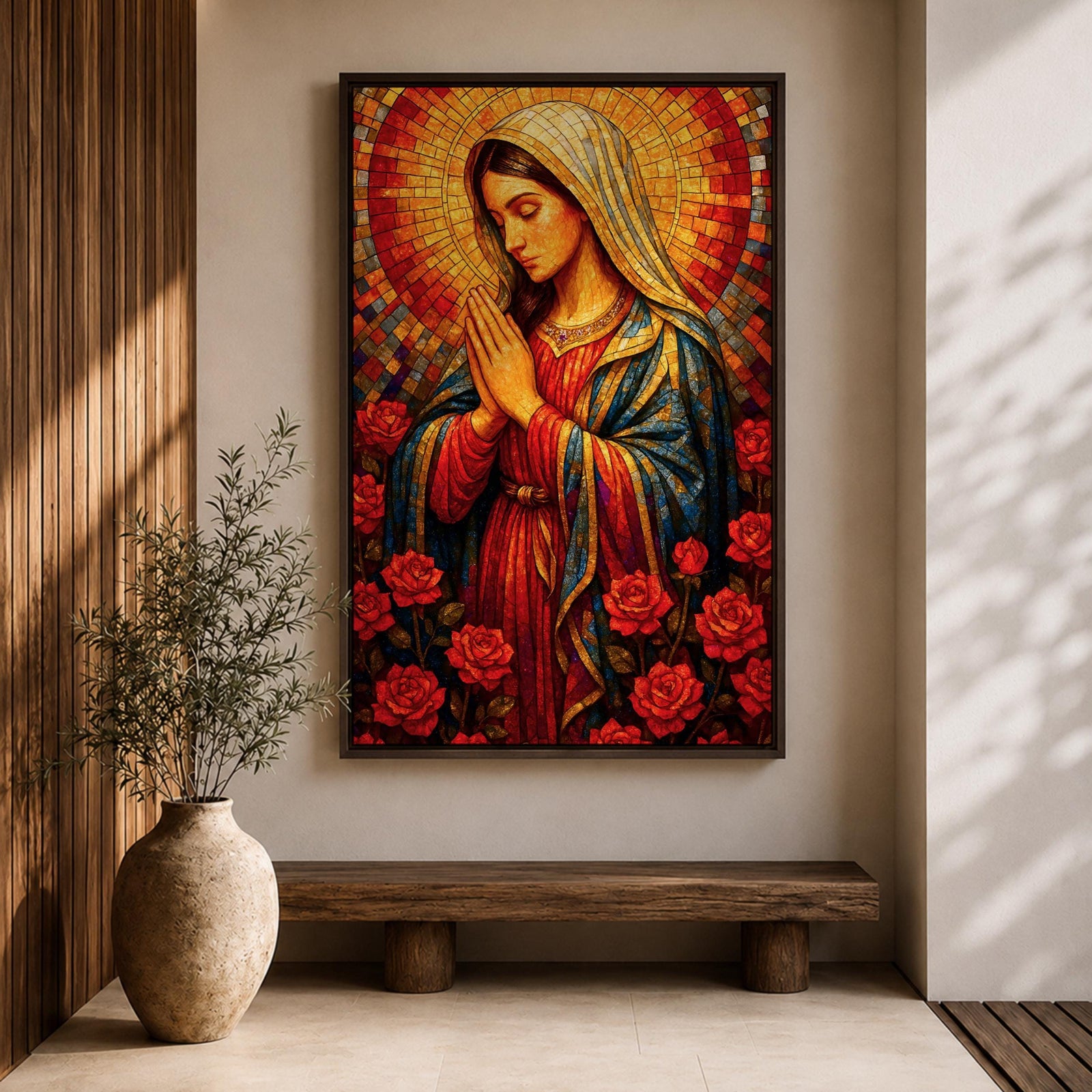 Mosaic style painting of the Blessed Virgin Mary with hands together in prayer, depicted in a stained glass inspired composition with a radiant circular halo made of small colored tiles behind her head while she wears flowing robes and stands among blooming roses, forming a devotional Madonna portrait with rich geometric texture and intricate mosaic detailing.