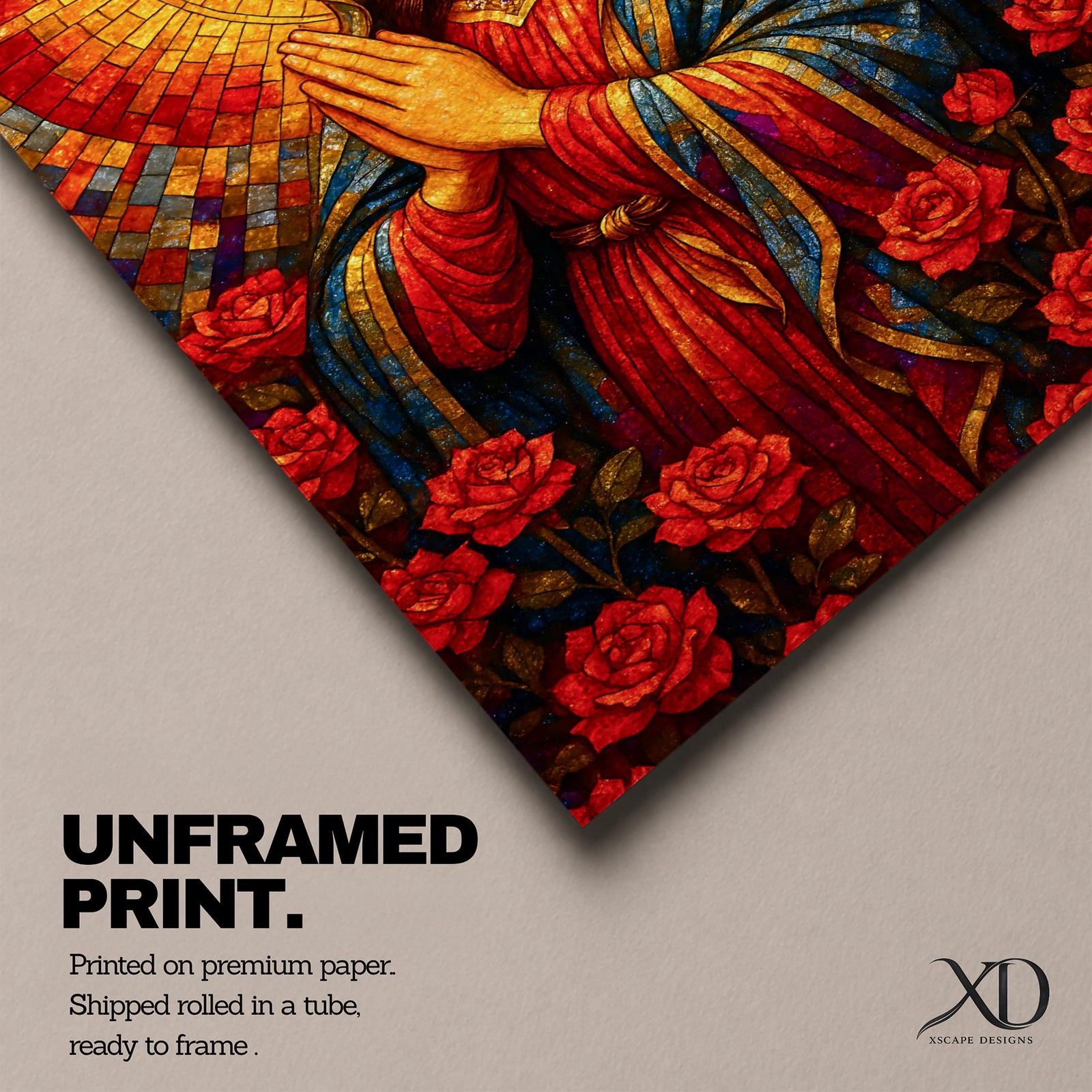 Mosaic style painting of the Blessed Virgin Mary with hands together in prayer, depicted in a stained glass inspired composition with a radiant circular halo made of small colored tiles behind her head while she wears flowing robes and stands among blooming roses, forming a devotional Madonna portrait with rich geometric texture and intricate mosaic detailing.