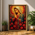 Mosaic style painting of the Blessed Virgin Mary with hands together in prayer, depicted in a stained glass inspired composition with a radiant circular halo made of small colored tiles behind her head while she wears flowing robes and stands among blooming roses, forming a devotional Madonna portrait with rich geometric texture and intricate mosaic detailing.