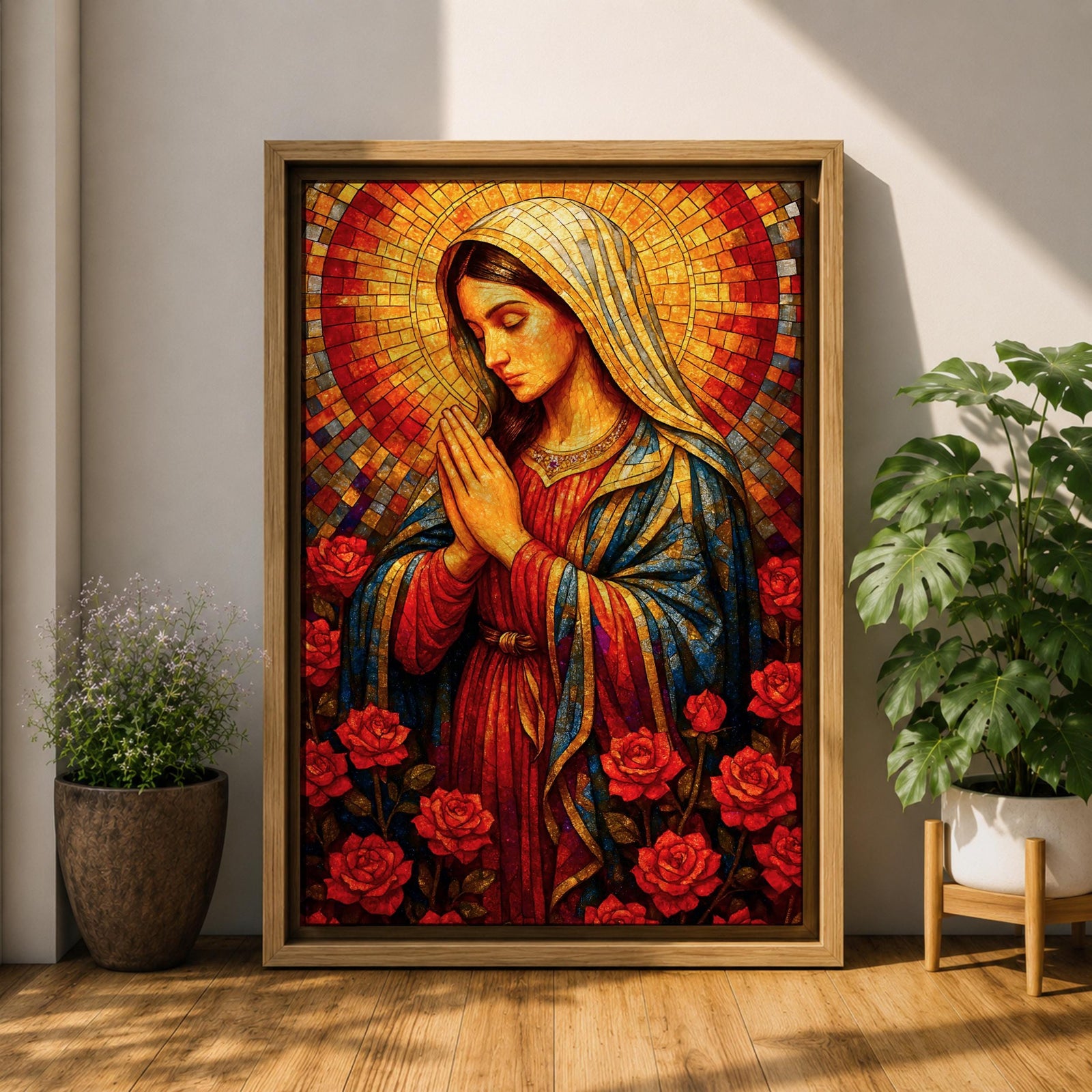 Mosaic style painting of the Blessed Virgin Mary with hands together in prayer, depicted in a stained glass inspired composition with a radiant circular halo made of small colored tiles behind her head while she wears flowing robes and stands among blooming roses, forming a devotional Madonna portrait with rich geometric texture and intricate mosaic detailing.