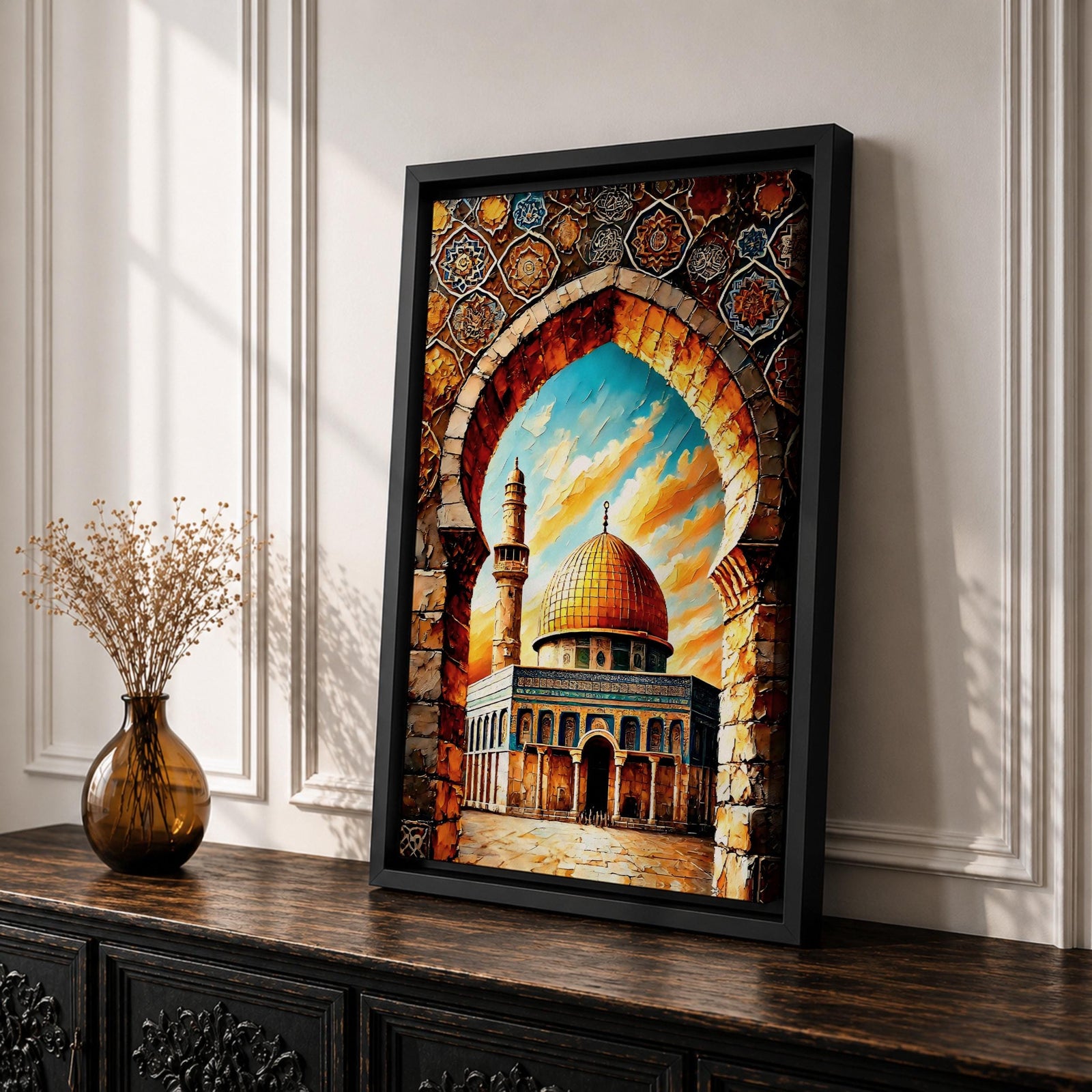 A vibrant mosaic-style artwork depicting the Dome of the Rock with its iconic golden dome framed by an ornate archway decorated with geometric and floral tile patterns, set against a bright sky with clouds, capturing the architectural and cultural essence of this historic Islamic landmark.