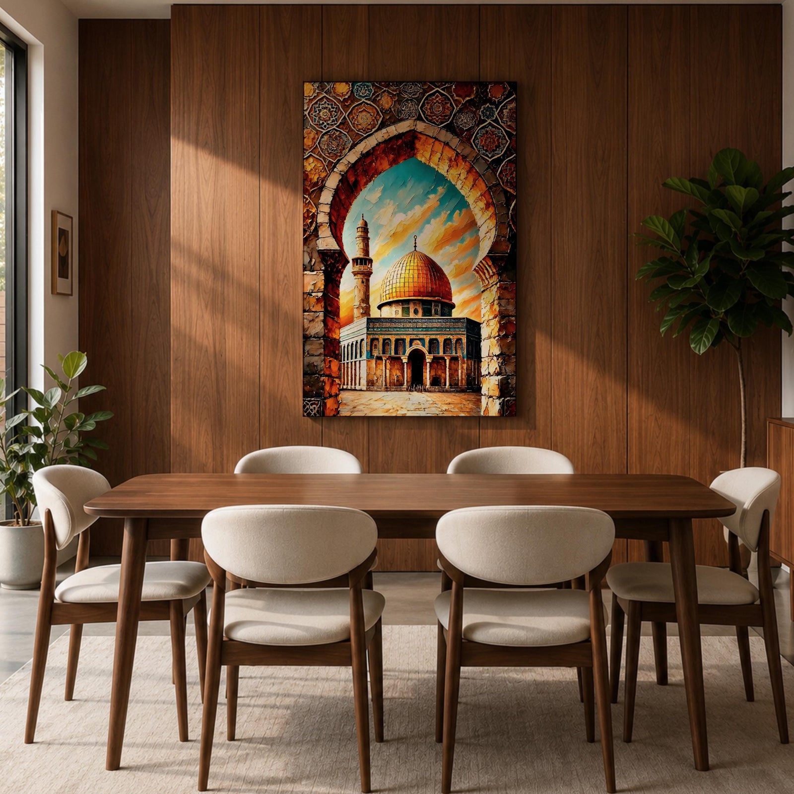 A vibrant mosaic-style artwork depicting the Dome of the Rock with its iconic golden dome framed by an ornate archway decorated with geometric and floral tile patterns, set against a bright sky with clouds, capturing the architectural and cultural essence of this historic Islamic landmark.