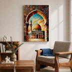 A vibrant mosaic-style artwork depicting the Dome of the Rock with its iconic golden dome framed by an ornate archway decorated with geometric and floral tile patterns, set against a bright sky with clouds, capturing the architectural and cultural essence of this historic Islamic landmark.