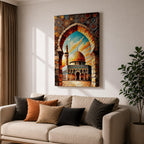 A vibrant mosaic-style artwork depicting the Dome of the Rock with its iconic golden dome framed by an ornate archway decorated with geometric and floral tile patterns, set against a bright sky with clouds, capturing the architectural and cultural essence of this historic Islamic landmark.