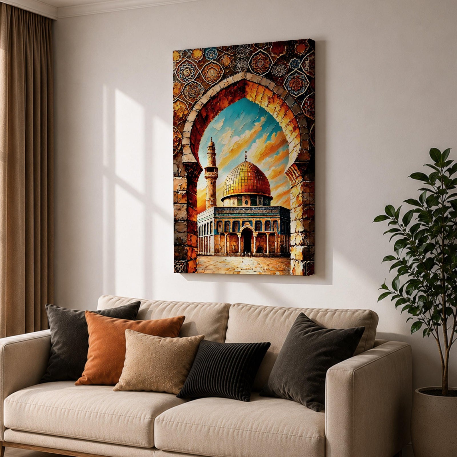 A vibrant mosaic-style artwork depicting the Dome of the Rock with its iconic golden dome framed by an ornate archway decorated with geometric and floral tile patterns, set against a bright sky with clouds, capturing the architectural and cultural essence of this historic Islamic landmark.