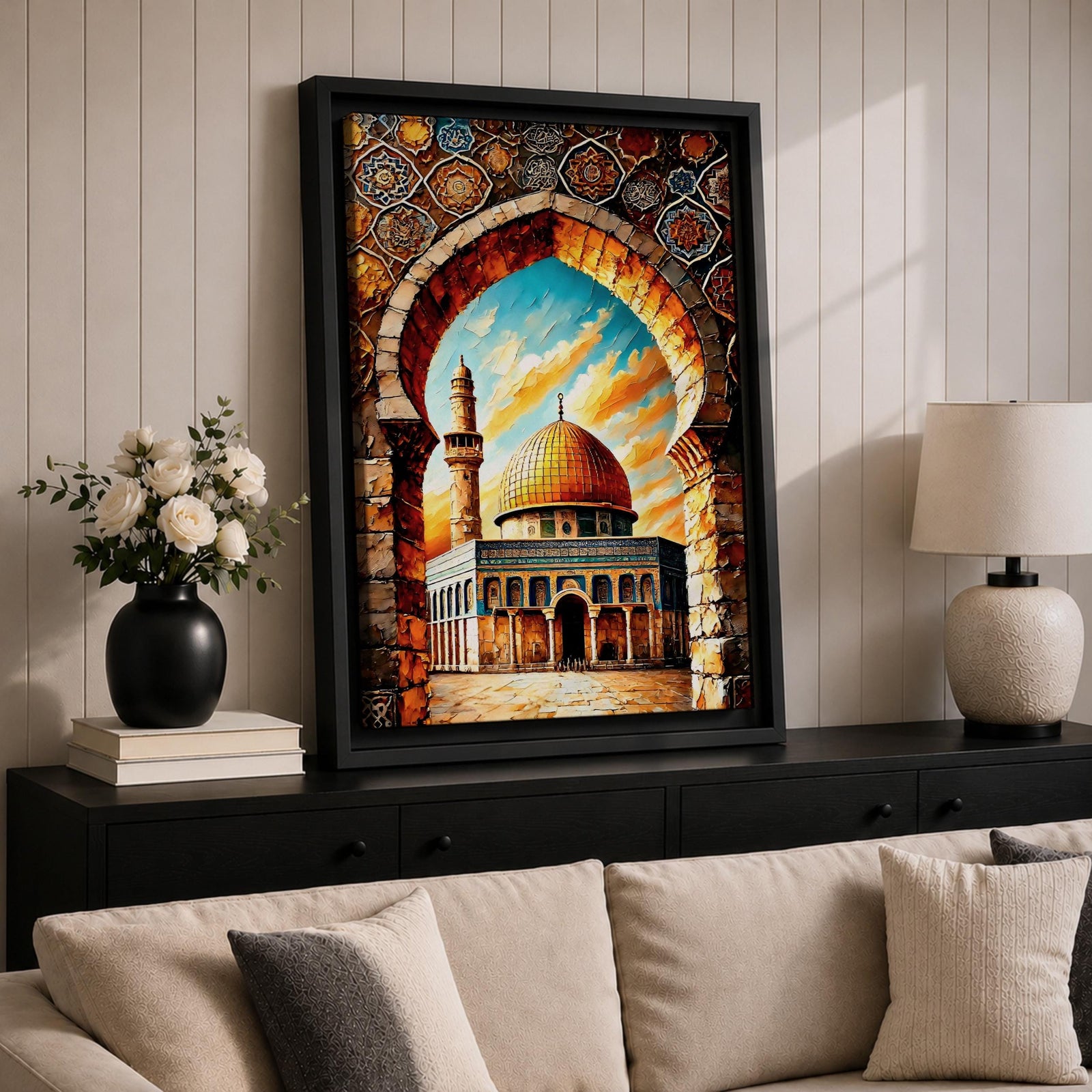 A vibrant mosaic-style artwork depicting the Dome of the Rock with its iconic golden dome framed by an ornate archway decorated with geometric and floral tile patterns, set against a bright sky with clouds, capturing the architectural and cultural essence of this historic Islamic landmark.