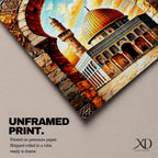 A vibrant mosaic-style artwork depicting the Dome of the Rock with its iconic golden dome framed by an ornate archway decorated with geometric and floral tile patterns, set against a bright sky with clouds, capturing the architectural and cultural essence of this historic Islamic landmark.