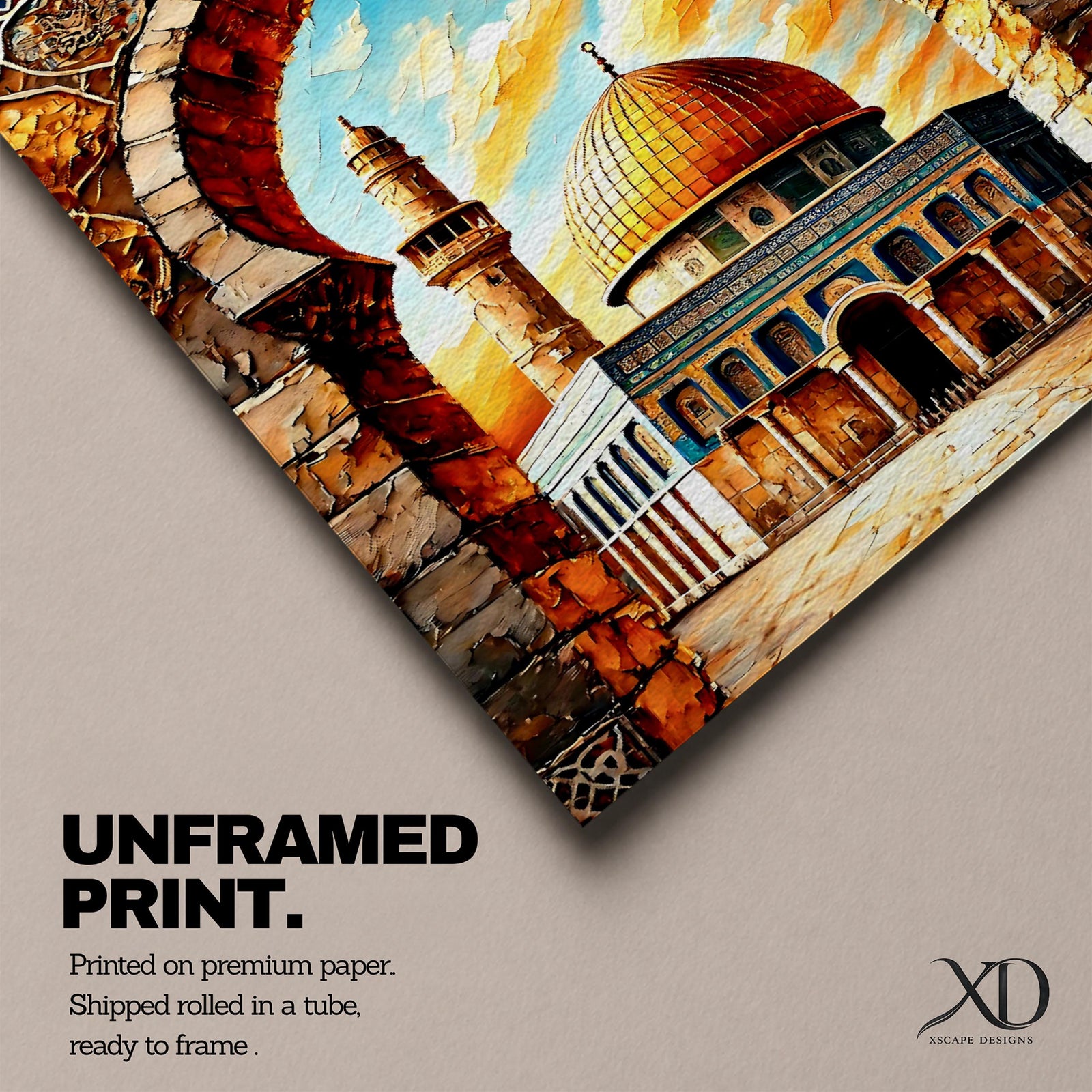 A vibrant mosaic-style artwork depicting the Dome of the Rock with its iconic golden dome framed by an ornate archway decorated with geometric and floral tile patterns, set against a bright sky with clouds, capturing the architectural and cultural essence of this historic Islamic landmark.