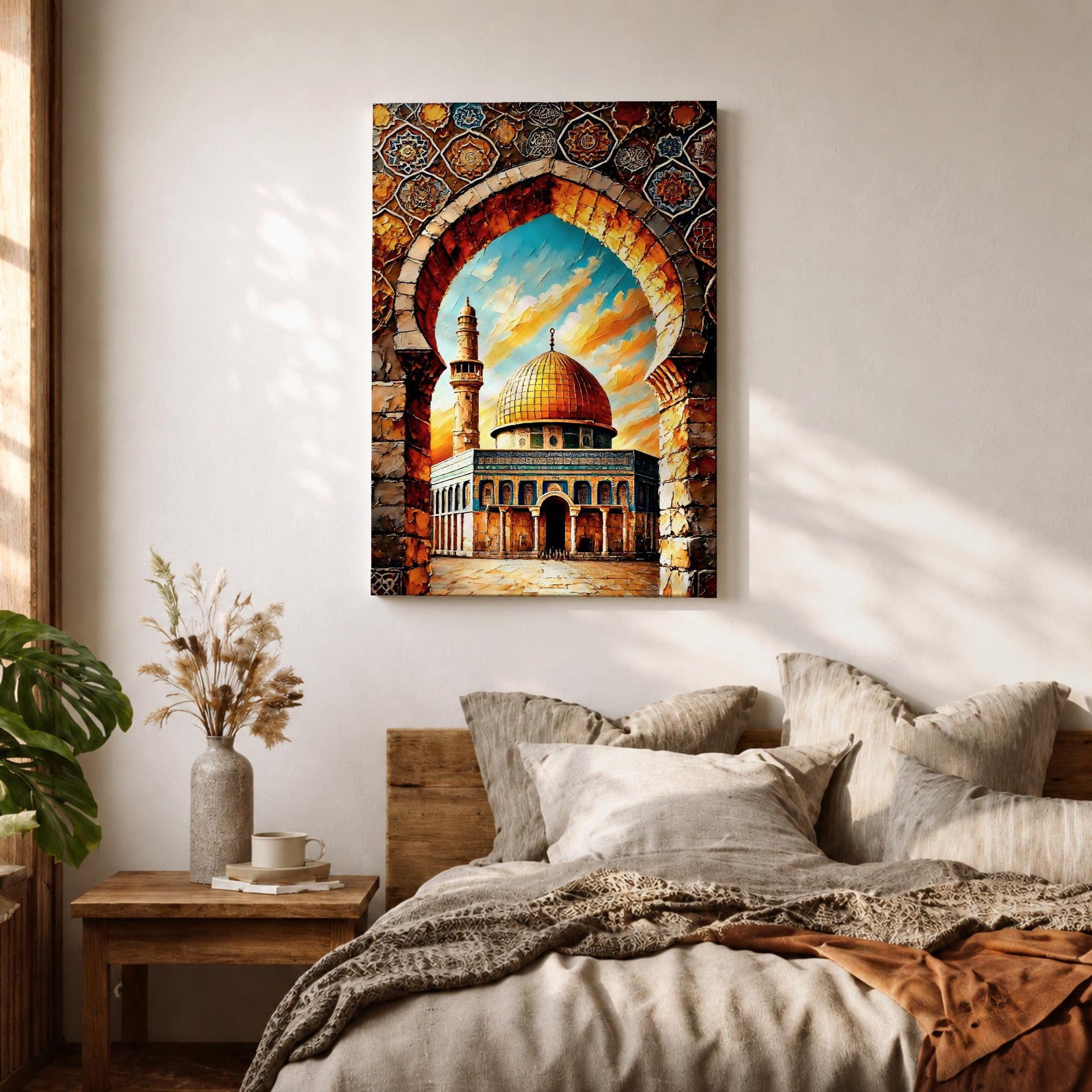 A vibrant mosaic-style artwork depicting the Dome of the Rock with its iconic golden dome framed by an ornate archway decorated with geometric and floral tile patterns, set against a bright sky with clouds, capturing the architectural and cultural essence of this historic Islamic landmark.