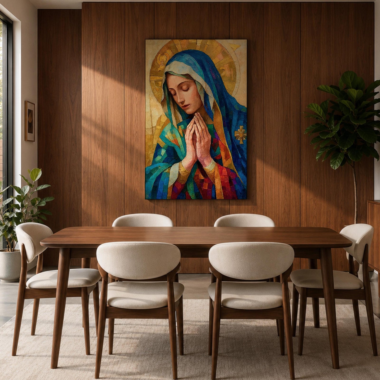 Mosaic style portrait of the Blessed Virgin Mary shown with eyes gently lowered and hands folded in prayer, wearing a blue veil and layered robes while a radiant golden halo composed of geometric tile shapes forms behind her head, rendered in a stained glass inspired composition with textured brushwork and devotional Madonna iconography.