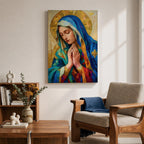 Mosaic style portrait of the Blessed Virgin Mary shown with eyes gently lowered and hands folded in prayer, wearing a blue veil and layered robes while a radiant golden halo composed of geometric tile shapes forms behind her head, rendered in a stained glass inspired composition with textured brushwork and devotional Madonna iconography.